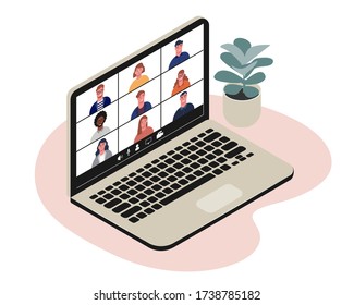 Group Of People ืonline Meeting Vector Illustration Isometric Design.