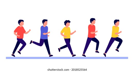 Group people men do run sport active, rush and hurry. Man running marathon race, jogging, racing. Male training to competition, workout. Sport lifestyle, race winning concept. Vector illustration