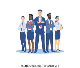 Group of people men and women in business suits. Diverse multiracial business team is ready to work. Flat cartoon vector illustrartion isolated on white background