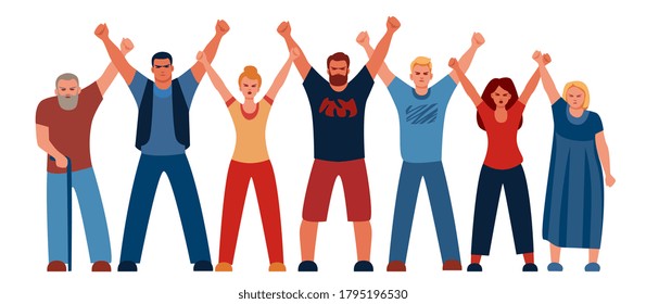 A group of people, men and women of different ages, protest their hands up.