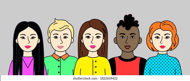 Group of people, men and women of different nations, skin and hair colors. Set of Asian, European, African cartoon simple portraits. Multiethnic society. Diversity. Vector flat illustration. 