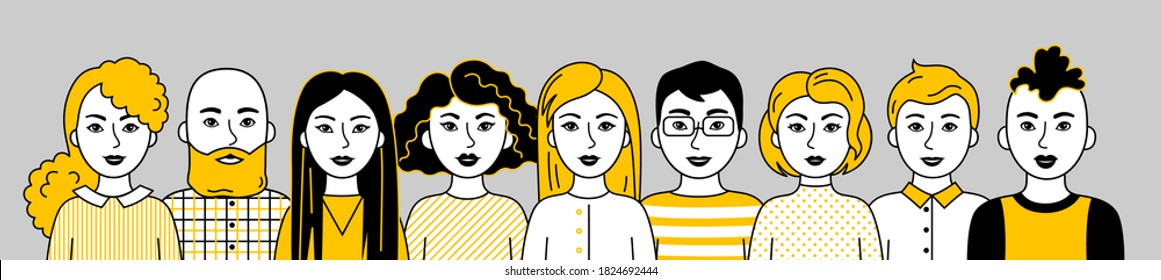 Group of people, men and women of different nations. Set of Asian, European, African cartoon simple portraits. Multiethnic society. Avatars. Black and gold vector flat illustration. 