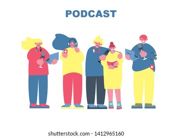 A group of people - men and women with headphones, microphones and laptops are recording and listening to podcasts. Flat Vector Illustration