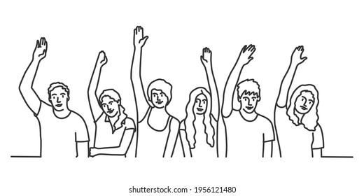 Group of people men and women raising their hands up. Volunteers needed. Hand drawn vector illustration.