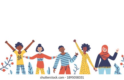 Group of people: men and women are standing together. Concept of diversity, harmony, equality, tolerance. Multicultural  society. Vector illustration isolated. Banner template with place for text