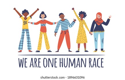 Group of people: men and women are standing together. Concept of diversity, harmony, equality, tolerance. Multicultural, international society. Vector stock illustration with text, multi racial people