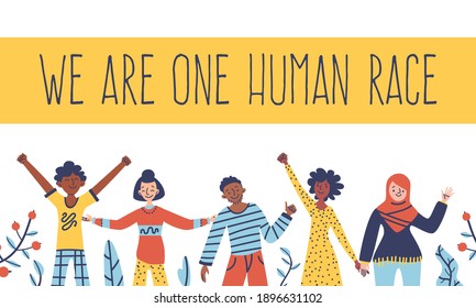 Group of people: men and women are standing together. Concept of diversity, harmony, equality, tolerance. Multicultural, international society. Vector stock banner template with text isolated on white