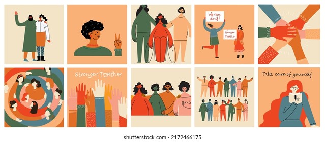 Grupo de personas hombres, mujeres están de pie juntas. Concepto de diversidad, igualdad, tolerancia, sociedad multicultural. Conjunto vectorial de personas multiculturales.