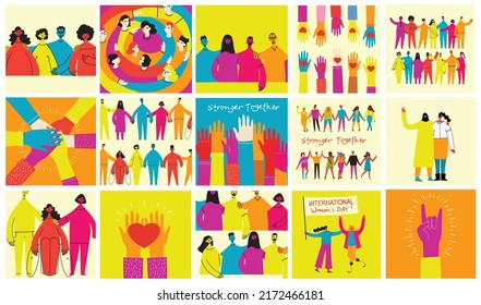 Grupo de personas hombres, mujeres están de pie juntas. Concepto de diversidad, igualdad, tolerancia, sociedad multicultural. Conjunto vectorial de personas multiculturales.