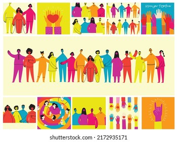 Group of people men, women are standing together. Concept of diversity, equality, tolerance, multicultural society. Vector set of multicultural people.