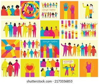 Group of people men, women are standing together. Concept of diversity, equality, tolerance, multicultural society. Vector set of multicultural people.