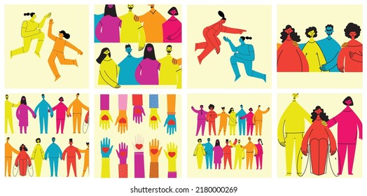 Group of people men, women are standing together. Concept of diversity, equality, tolerance, multicultural society. Vector set of multicultural people.