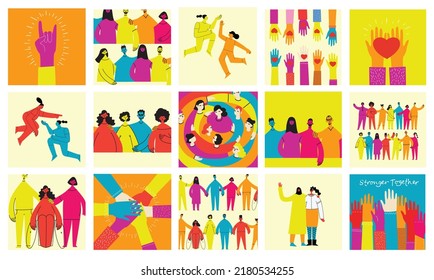 Group of people men, women are standing together. Concept of diversity, equality, tolerance, multicultural society. Vector set of multicultural people.