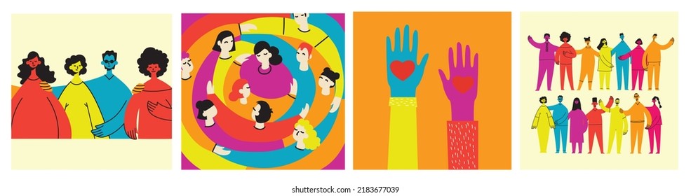 Group of people men, women are standing together. Concept of diversity, equality, tolerance, multicultural society. Vector set of multicultural people.