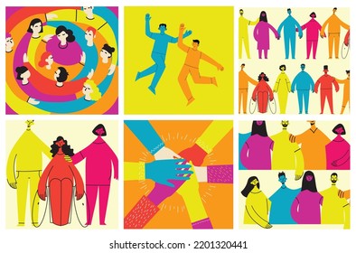 Group of people men, women are standing together. Concept of diversity, equality, tolerance, multicultural society. Vector set of multicultural people.