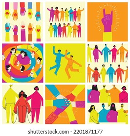 Group of people men, women are standing together. Concept of diversity, equality, tolerance, multicultural society. Vector set of multicultural people.