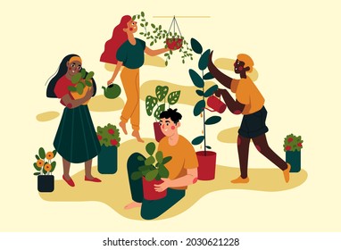 A group of people, men and women, tending the plants. Vector.