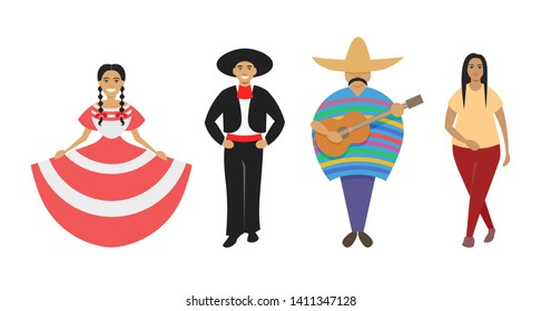 Group of people Mexican nationality in different clothes standing on white background. Flat cartoon vector illustration.