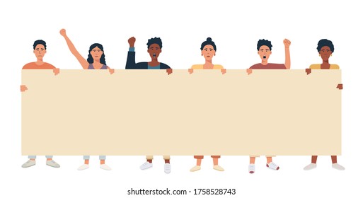 A group of people mix race multicultural holding big banner and protesting. Protesters with blank placard for text announcement or ad. Vector flat illustration.