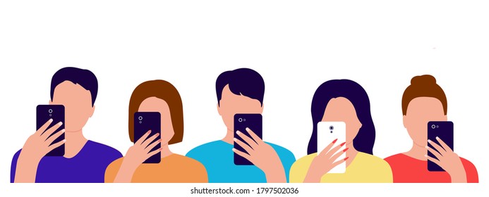 Group of people with mobile phones in their hands. Men and women spend time with smartphone. Internet, online, communication, photo, addiction concept. Vector illustration