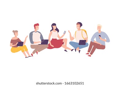 Group of People with Modern Digital Gadgets, Cheerful Young Men and Women Sitting on the Floor and Communicating People with Smartphone, Tablet, Laptop Flat Vector Illustration