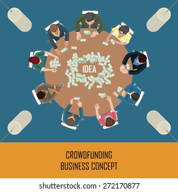 group of people with money sitting around large meeting table, conceptual vector illustration