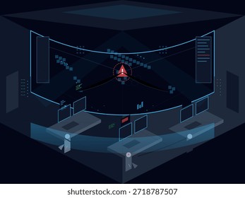 Un grupo de personas monitorea los datos de seguridad en una oscura sala de control. Las pantallas Grandes muestran gráficos, alertas y flujos de datos. La atención se centra en la gestión de las operaciones de seguridad y la respuesta a las amenazas.