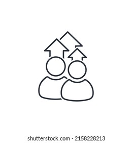 Group of people and movement arrows. Vector linear icon isolated on white background