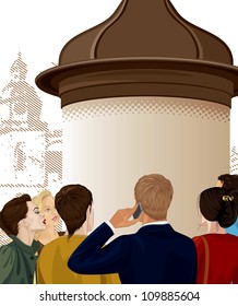 Group of people too much interested by an announcement on an advertising column
