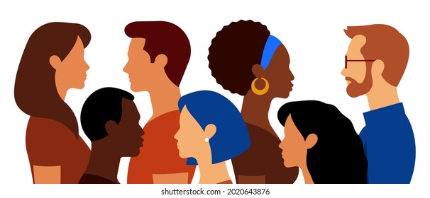 Group of people. Multi-ethnic crowd. Handsome men and beautiful women. Abstract portraits, side view, isolated. Modern vector illustration.