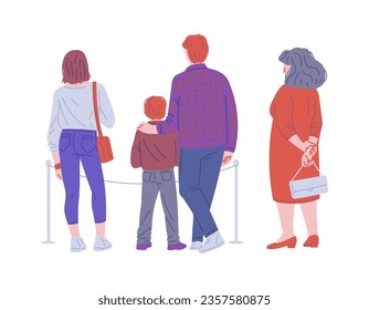 Group of people in museum or gallery, view from behind, flat vector illustration isolated on white background. Woman, man with son - back or rear view.