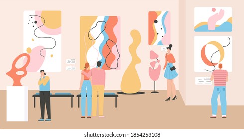 Group Of People At Museum Of Modern Art. Men And Women Watching Exhibition Of Contemporary Abstract Painting, Creative Artworks And Sculpture. Vector Character Illustration Of Visitors At Gallery