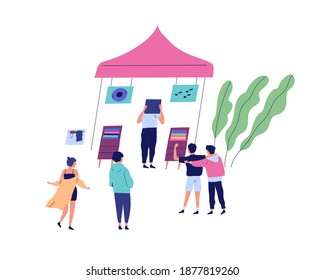 Group of people at musical fair or festival. Men and women standing near vinyl record shop, customer choosing music plate at booth. Summer outdoor event. Vector illustration in flat cartoon style
