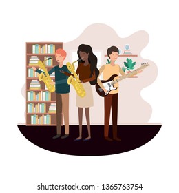 group of people with musical instruments in living room