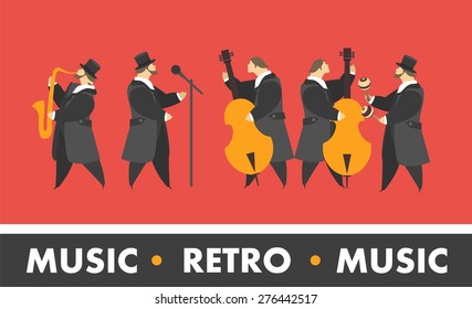 a group of people with musical instruments standing playing jazz in suits and hats noble species