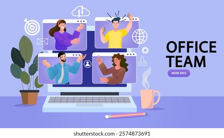 group of people n video conference with colleagues. Teleconference for work from home concept. Videoconferencing and online meeting workspace. vector, flat design, illustration