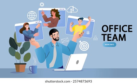 group of people n video conference with colleagues. Teleconference for work from home concept. Videoconferencing and online meeting workspace. vector, flat design, illustration