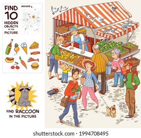 Group of people near the trade tent. Find Raccoon. Find 10 hidden objects in the picture. Puzzle Hidden Items. Funny cartoon character. Vector illustration. Set - Shutterstock ID 1994708495