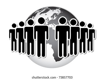 Group of people, network, in front of terrestrial globe