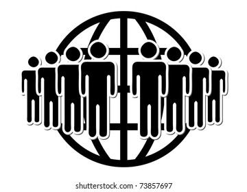 Group of people, network,  in front of world wide web symbol