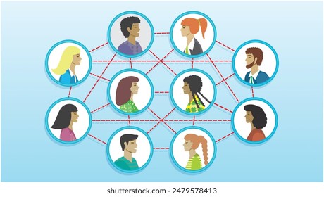 Grupo de personas en la red. Trabajo en equipo, cooperación. Dimensión 16:9. Ilustración vectorial.