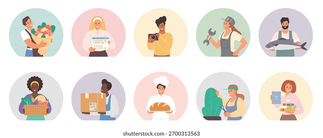 Grupo de personas que ofrecen diferentes servicios y productos, incluyendo alimentos, entrega, reparación, Fotografía y jardinería, aislados en la Ilustración vectorial de fondo blanco