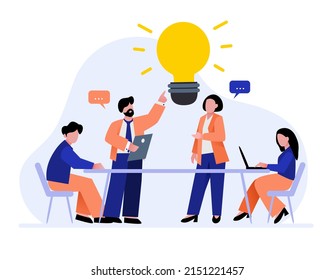 A group of people in the office are discussing a new idea, brainstorming. A man and a woman are sitting at a table. Vector illustration is perfect for flyer, banner and web design.