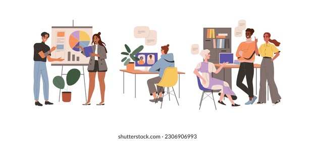 Group of people in office. Employees discuss business strategy, projects and presentations. Colleagues communicate in workplace. Teamwork and partnership. Cartoon flat vector collection isolated