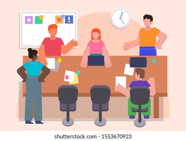 Group of people at office meeting. Brainstorm or presentation concept. Poster for social media, web page, banner. Flat design vector illustration