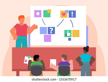 Group of people at office meeting, presentation. Poster for social media, web page, banner. Flat design vector illustration