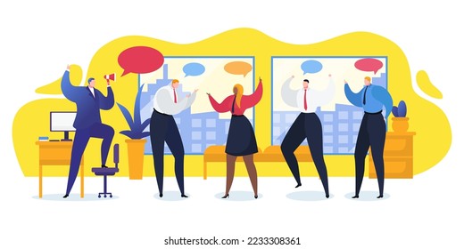 Ilustración vectorial de charla de personas de grupo. Debate de los trabajadores sobre la organización de la tecnología moderna. Presentación de planificación de la comunicación en equipo.