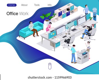 Group of people in the office work on the computer, relax, talk, print materials  3d isometric vector illustration.Web page design templates for business.