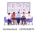 Group of people or office workers sitting around table and discussing work issues against SCRUM task board with sticky notes. Team working under project. Vector illustration in flat cartoon style.