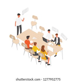 Group of people or office workers sitting at table and talking to each other. Work meeting, formal discussion, team communication, brainstorm, business negotiation. Isometric vector illustration.